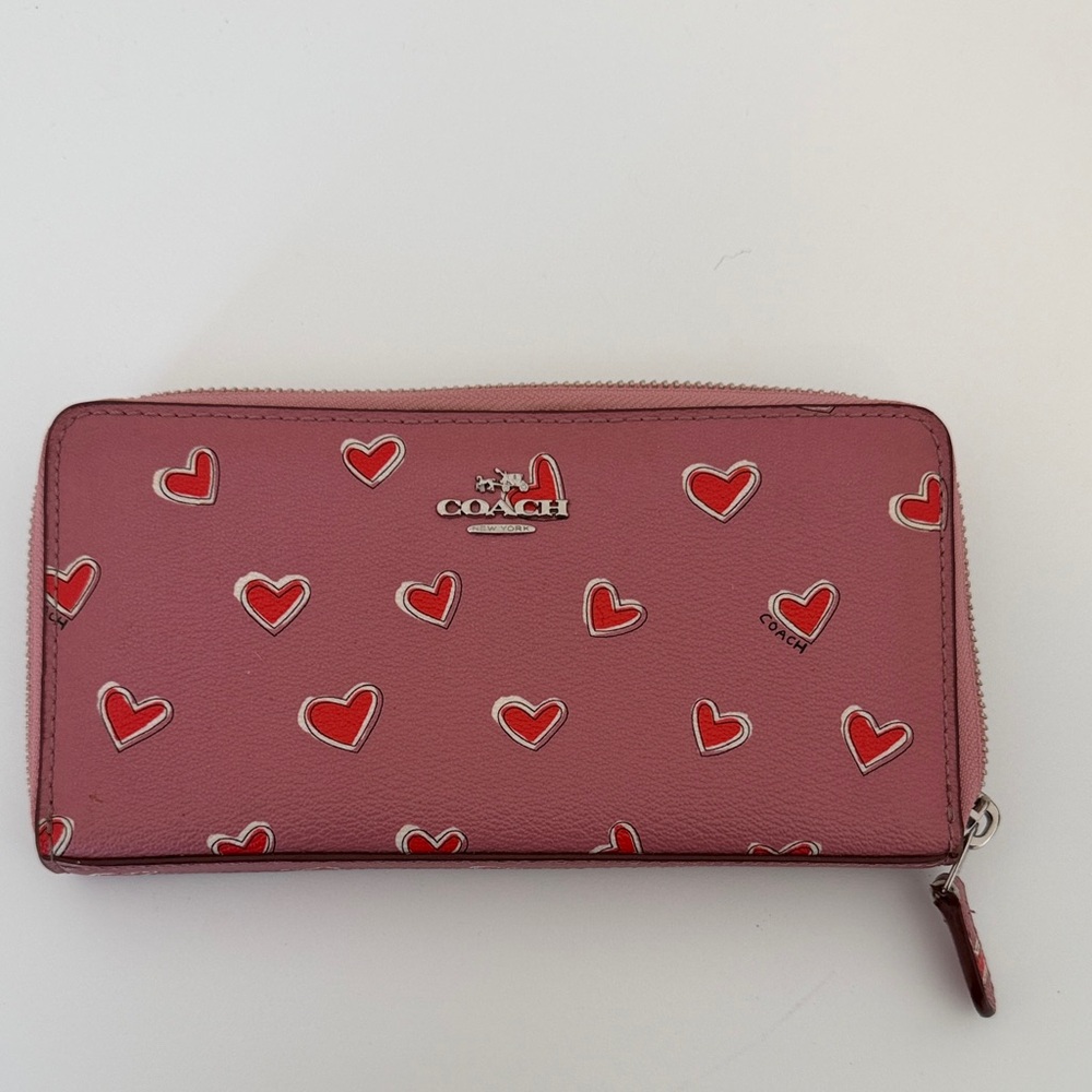 Coach Pink Wallet with Red Heart Print